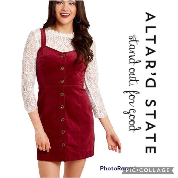 altar’d state Emma Cord Jumper burgundy corduroy minidress size Small - Picture 1 of 13